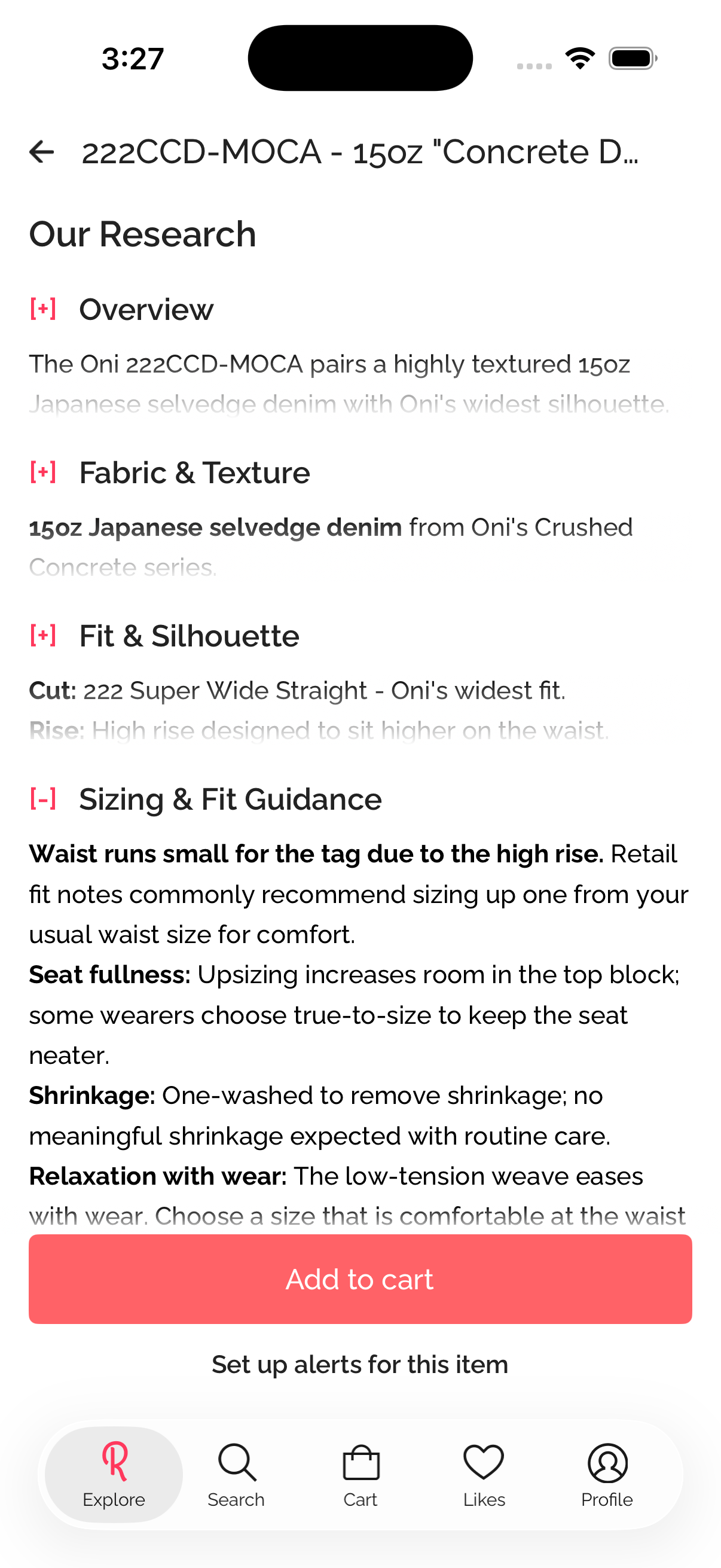 Deep product research and sizing info